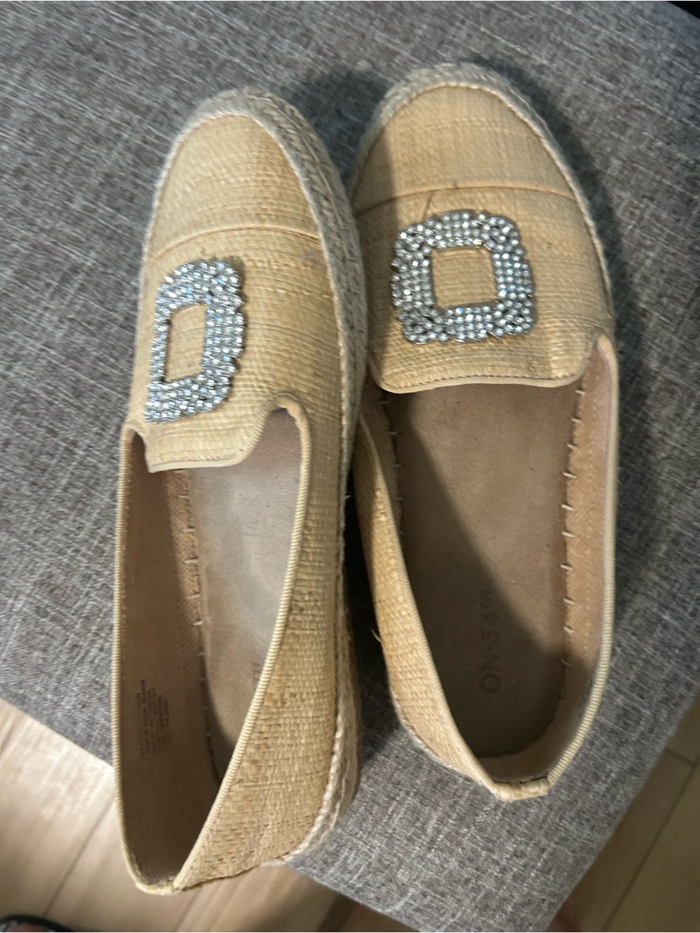 Beige Espadrille Loafers with Crystal Buckle Accent